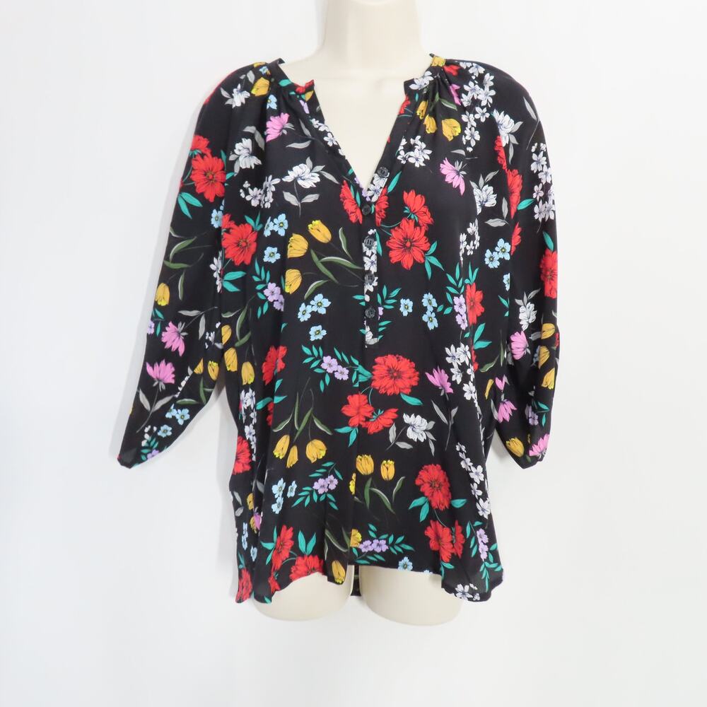 Yumi Kim Garden at Dawn Black Floral Silk Long Sleeve Yumi Top Size Small